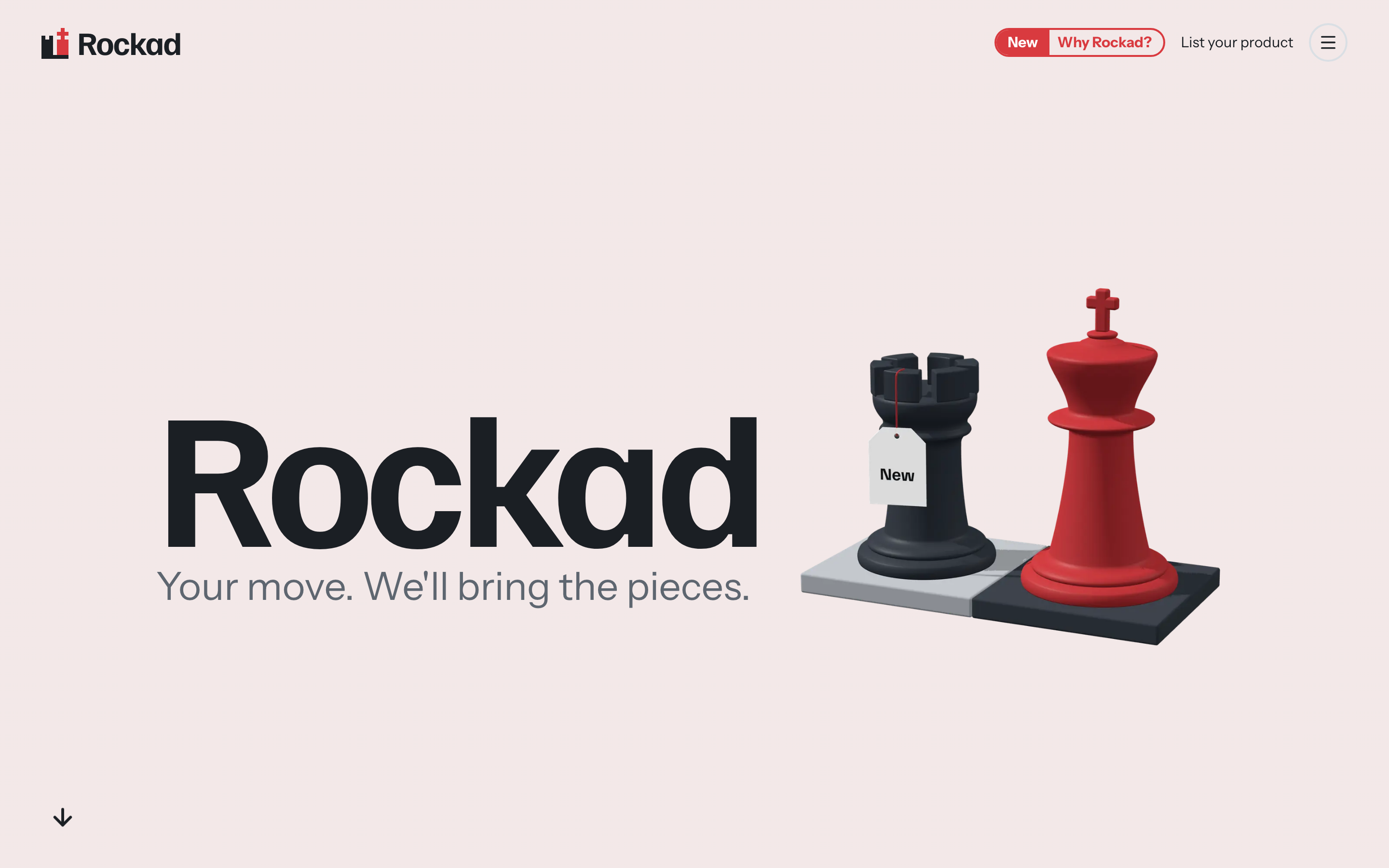 rockad.io, startsidan med ett torn och en kung på ett schackbräde